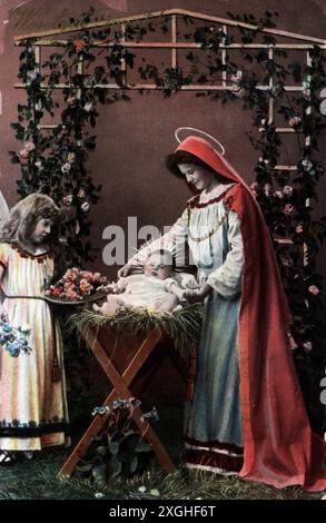 Weihnachten, Grußkarte, Maria mit dem Jesuskind in der Krippe, Ansichtskarte, ZUSATZRECHTE-CLEARANCE-INFO-NOT-AVAILABLE Stockfoto