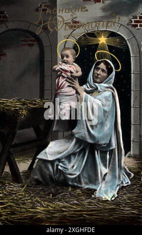 Weihnachten, Grußkarte, Maria mit Jesuskind in der Krippe, Postkarte, ZUSATZRECHTE-CLEARANCE-INFO-NOT-AVAILABLE Stockfoto