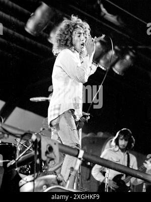 The Who treten live auf der Bühne im Oval Cricket Ground in London auf, am 18. September 1971 L-R Keith Moon, Roger Daltrey, Pete Townshend (Foto: Gijsbert Hanekroot) Stockfoto