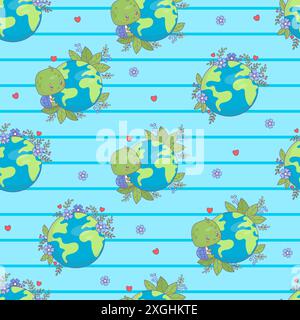 Nahtloses ökologisches Muster. Niedliche Zeichentrickschildkröte Figur mit Planet Erde und Blumen auf blau gestreiftem Hintergrund. Konzept grünes Leben, Erhaltung, PR Stock Vektor