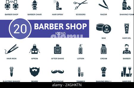 Symbolsatz für Friseur-Shop. Friseurladen, Friseurstuhl, Haarspray, Schere, Rasierer, Rasierschaum, Wachs, Haargel, Haareisen, Schürzensymbole und vieles mehr Stock Vektor