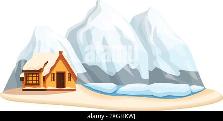 Idyllische Winterszene mit gemütlichem Holzhaus, eingebettet in schneebedeckte Berge und einen gefrorenen See, perfekt für Winter- und Urlaubsthemen Stock Vektor