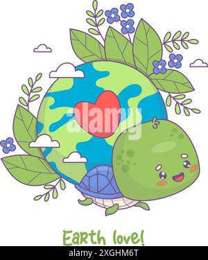 Eco Love. Niedliche Figur der Cartoon Turtle mit Planet Erde, Blumen und Herz. Feiern Sie Green Living und Naturschutz. Postkarten-Ökokonzept Stock Vektor
