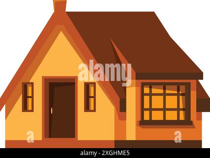 Zeichentrickzeichnung eines einstöckigen Hauses mit braunem Dach und leuchtenden Fenstern Stock Vektor