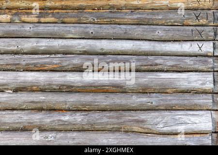 Alte Holzwand aus grauen natürlichen Kiefernstämmen mit römischen Zahlen von Schichten, frontale Hintergrund-Fotomaterial Stockfoto