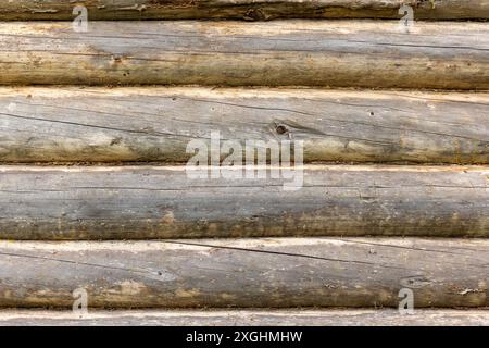 Alte Holzwand aus naturfarbenen Kiefernstämmen, frontale Hintergrundfotostruktur Stockfoto