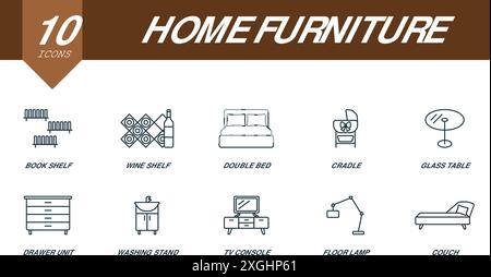 Möbelkonturen für Wohnmöbel. Kreative Symbole: Bücherregal, Weinregal, Doppelbett, Wiege, Glastisch, Schubladeneinheit, Waschtisch, tv-Konsole Stock Vektor