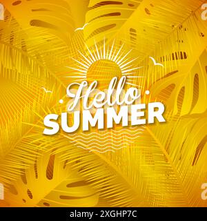 Hallo Sommerzeit Feiertagsillustration mit tropischen Palmblättern und Blume auf sonnengelbem Hintergrund. Vektor Sommerurlaub Design-Vorlage für Stock Vektor
