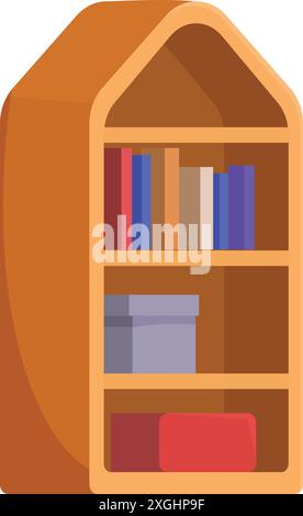 In einem großen Holzregal befinden sich Bücher, Kisten und andere Wohnaccessoires, die das Zimmer ordentlich halten Stock Vektor