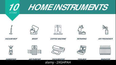 Grundsymbole für Heimgeräte. Kreative Symbole: Vakuummopp, Mixer, Kaffeemaschine, Reparatur, Lufterfrischer, Luftbefeuchter, Luftreiniger, Staubsauger Stock Vektor