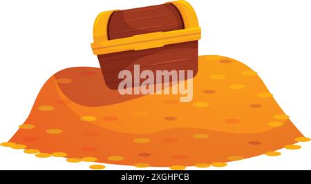 Alte Holzkiste voller goldener Münzen liegt auf einem Sandhaufen, Konzept der Schatzsuche und der Suche nach Gold Stock Vektor