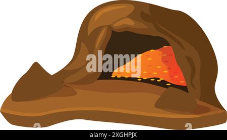 Brauner Höhleneingang mit einem Haufen Goldmünzen im Inneren, Konzept für Schätze, Bergbau oder Erfolg Stock Vektor