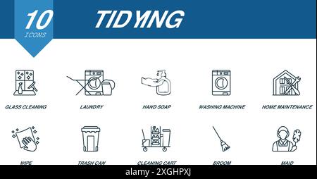 Symbole für die Aufräumung von Konturen. Kreative Symbole: Glasreinigung, Wäsche, Handseife, Waschmaschine, Hauspflege, wischen, Mülleimer, Reinigungswagen Stock Vektor