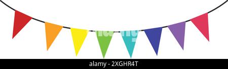 Vor einem weißen Hintergrund hängen bunte Dreiecksfahnen Stock Vektor