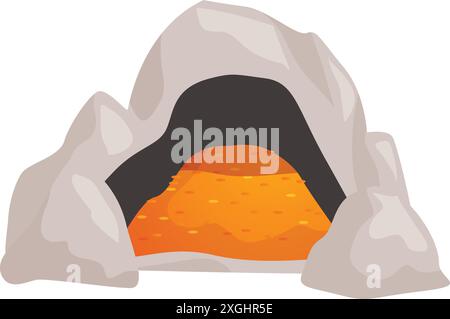Eingang aus Steinhöhle, in der ein großer Haufen glänzender Goldmünzen verborgen ist Stock Vektor