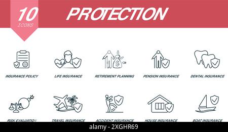 Symbole für Schutzkonturen festgelegt. Kreative Symbole: Versicherungspolice, Lebensversicherung, Altersvorsorge, Rentenversicherung und vieles mehr Stock Vektor
