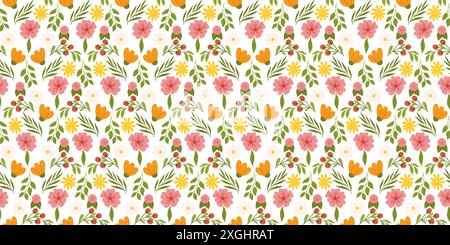 Durchgehendes Muster mit Blumenelementen. Botanisch inspiriertes, sich wiederholendes Stoff- oder Tapetendesign mit gelben und orangen Blüten, roten Beeren, l Stock Vektor
