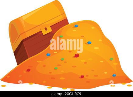 Alte Holzkiste voller Schätze liegt auf einem Haufen goldenem Sand Stock Vektor