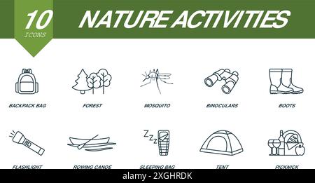 Naturaktivitäten skizzieren Symbolsatz. Kreative Symbole: Rucksacktasche, Wald, Mücke, Fernglas, Stiefel, Taschenlampe, Ruderkanu, Schlafsack, Zelt Stock Vektor