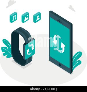 Abbildung des SYNC-Konzepts, das Konzept des Symbols oder des 3D-Symbols für Aktualisieren, Neuladen, Aktualisieren, Verarbeiten, Wiederholen, drehen, automatische Synchronisierung. 3d und rea Stock Vektor