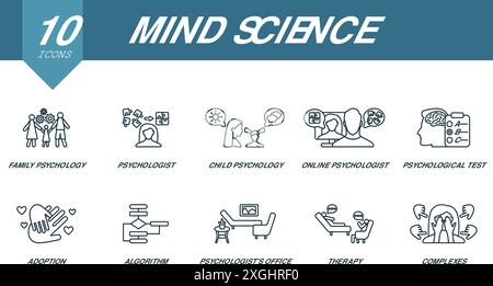 MindScience-Kontursymbole. Kreative Symbole: Familienpsychologie, Psychologe, Kinderpsychologie, Online-Psychologie, psychologischer Test, Annahme Stock Vektor