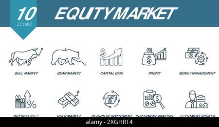 Symbolsatz für Aktienmarkt. Kreative Symbole: Bullenmarkt, Bärenmarkt, Kapitalgewinn, Gewinn, Geldmanagement, Zinssatz, Goldmarkt, Rendite Stock Vektor