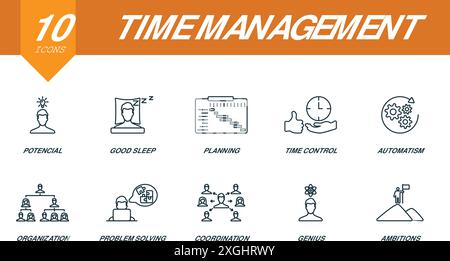 Kontursymbole für Zeitmanagement. Kreative Symbole: Potenzial, guter Schlaf, Planung, Zeitsteuerung, Automatisierung, Organisation, Problemlösung Stock Vektor
