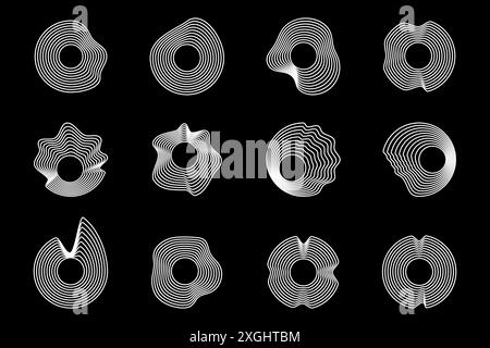 Abstrakter, wellenförmiger Sound-Equalizer-Lautsprecher auf schwarzem Hintergrund. Lineare Fluidvektorkonstruktion Stock Vektor
