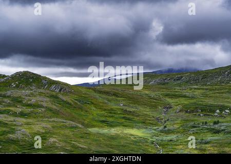 Ein weicher Blick auf sanfte grüne Hügel und eine ferne Bergkette, alles unter einem dramatischen Himmel mit dunklen, wirbelnden Wolken in Norwegen Stockfoto