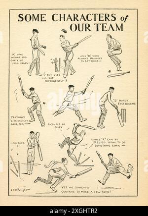 Cricket-Team-Charaktere, 1932 Karikaturen der Vielfalt der Schlagmänner, die Sie in Ihrem lokalen Cricket-Club finden können Stockfoto