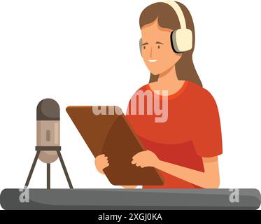 Der Radiohost nimmt einen Podcast auf, spricht in ein Mikrofon und liest aus einem Skript Stock Vektor