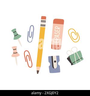 Niedliches Schreibwaren-Flat-Set. Schulbedarf Bleistift, Anspitzer, Radiergummi, Stift, Büroklammer. Zurück zur Schule. Stock Vektor