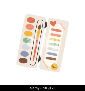 Satz von hellen Farben in Box mit Pinsel. Farbenfrohe Palette. Werkzeuge und Zubehör für Designer, Illustrator, Künstler. Stock Vektor