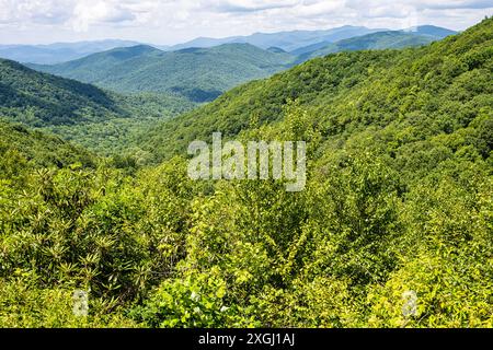 Blick auf die Blue Ridge Mountains vom Richard B. Russell Scenic Byway am Hogpen Gap (eine Kreuzung des Appalachian Trail) in North Georgia. (USA) Stockfoto