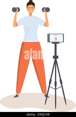 Fitness-Trainer nimmt online Fitness-Kurs mit Smartphone auf einem Stativ auf und fördert so einen gesunden Lebensstil über Online-Plattformen Stock Vektor