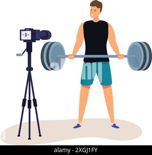 Athletischer Mann, der Gewichte vor der Kamera hebt und online Fitness-Kurs aufzeichnet Stock Vektor