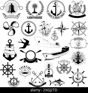 Satz der nautischen Etiketten, Embleme und Designelemente. Leuchtturm, Segeln, Tiefsee, Anker, Wale, Delfine. Symbole für nautische Tiere. Marine l Stock Vektor