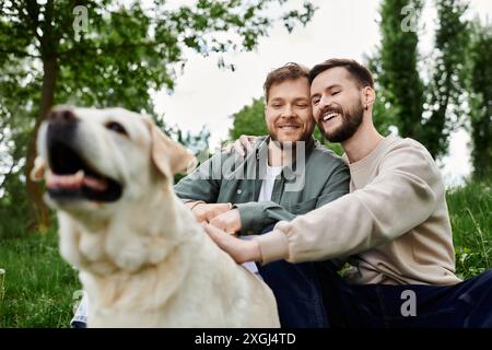 Ein glückliches, bärtiges Schwulenpaar genießt einen Tag in einem Park mit ihrem labrador Retriever. Stockfoto