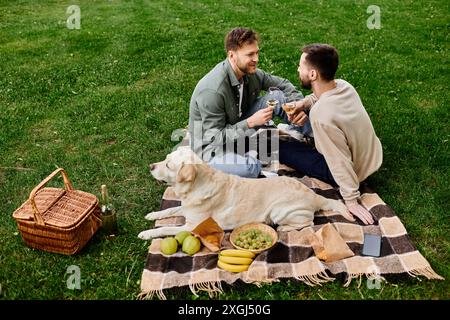 Ein bärtiges schwules Paar genießt ein Picknick in einem grasbewachsenen Park mit seinem labrador Retriever. Stockfoto