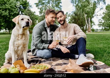 Ein bärtiges schwules Paar genießt ein Picknick mit seinem labrador Retriever in einem üppig grünen Park. Sie teilen sich eine Flasche Wein und scheinen ein R zu haben Stockfoto