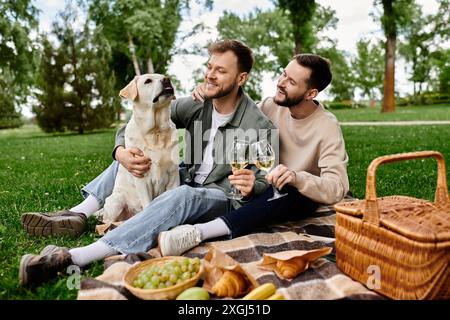 Ein schwules Paar genießt ein entspannendes Picknick in einem Park mit seinem labrador Retriever. Stockfoto