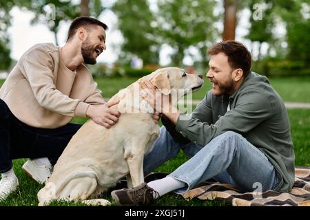 Ein schwules Paar genießt ein Picknick mit seinem labrador Hund in einem grünen Park. Stockfoto