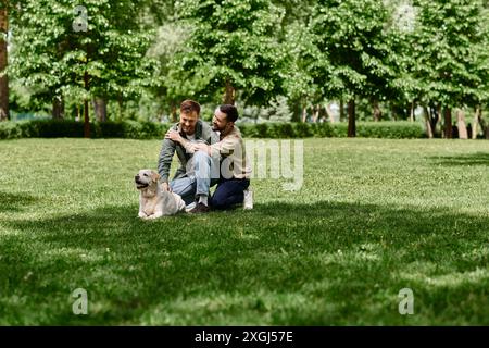 Ein bärtiges schwules Paar genießt einen sonnigen Nachmittag im Park mit seinem Labrador Retriever. Stockfoto