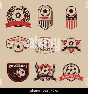 Set aus Fußball-Labels, Emblemen und Designelementen. Embleme der Fußballmannschaft. Stock Vektor