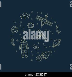 COSMOS Doodle ist ein Satz von Vektorillustrationen im Kreis. Ikonen der Weltraumelemente Raketenkosmonautensterne Satelliten-Teleskop-Komet Stockfoto