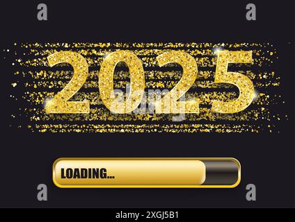 2025 Loading Progress Bar Golden Confetti Night Golden Confetti mit dem Text 2025 und Loading Progress Bar. Stockfoto