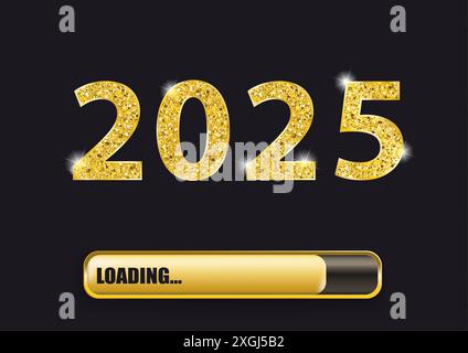2025 Fortschrittsanzeige Golden Text 2025 und Fortschrittsanzeige auf dunklem Hintergrund laden. Stockfoto