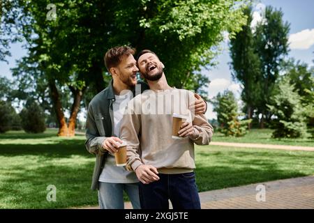 Ein bärtiges schwules Paar lacht und genießt einen sonnigen Nachmittag im Park. Stockfoto