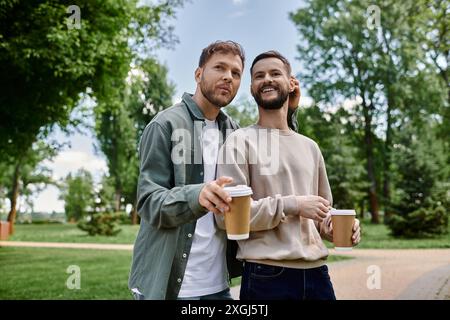 Zwei bärtige schwule Männer in lässiger Kleidung stehen in einem Park, halten Kaffeetassen und lächeln. Stockfoto