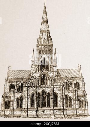 Ein Stich aus dem 19. Jahrhundert, der die Kathedrale von Salisbury (Kathedrale Kirche der Heiligen Jungfrau Maria) und ihre gotische Architektur zeigt. Erbaut zwischen 1220 und 1258 – Turm und Turm wurden 1330 fertiggestellt. Die Grundsteine für das neue Gebäude wurden am 28. April 1220 vom Earl and Countess of Salisbury gelegt Stockfoto